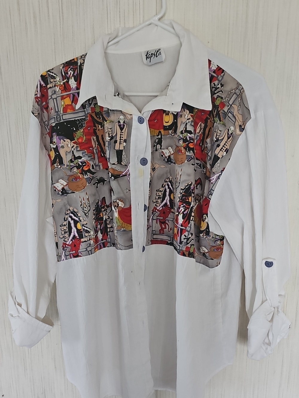White Button-Front Blouse with Multicolor Printed Yoke